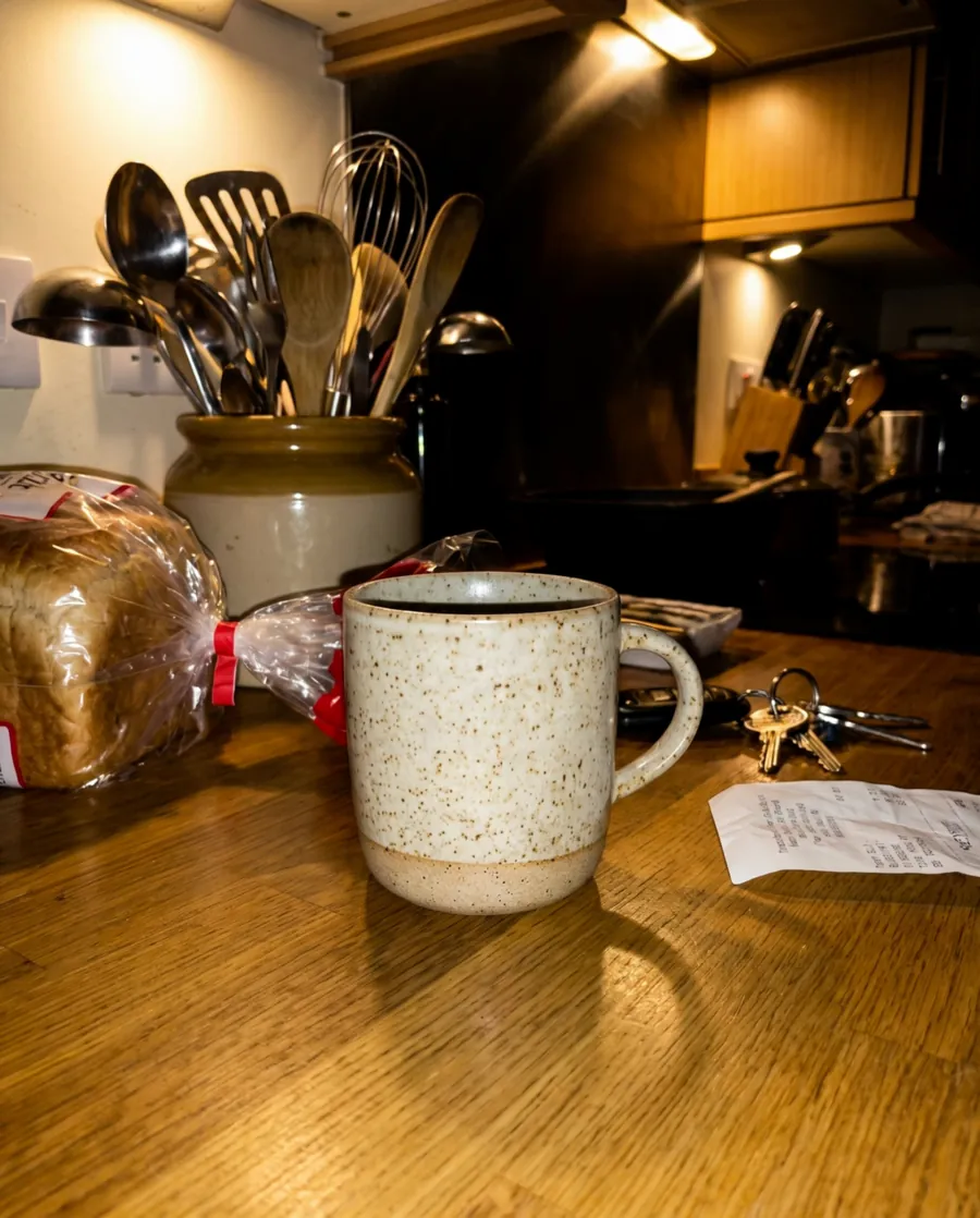 A stoneware mug photographed with a flash on a cluttered kitchen worktop, which becomes the same mug on linen in soft morning light, finished as an advert.