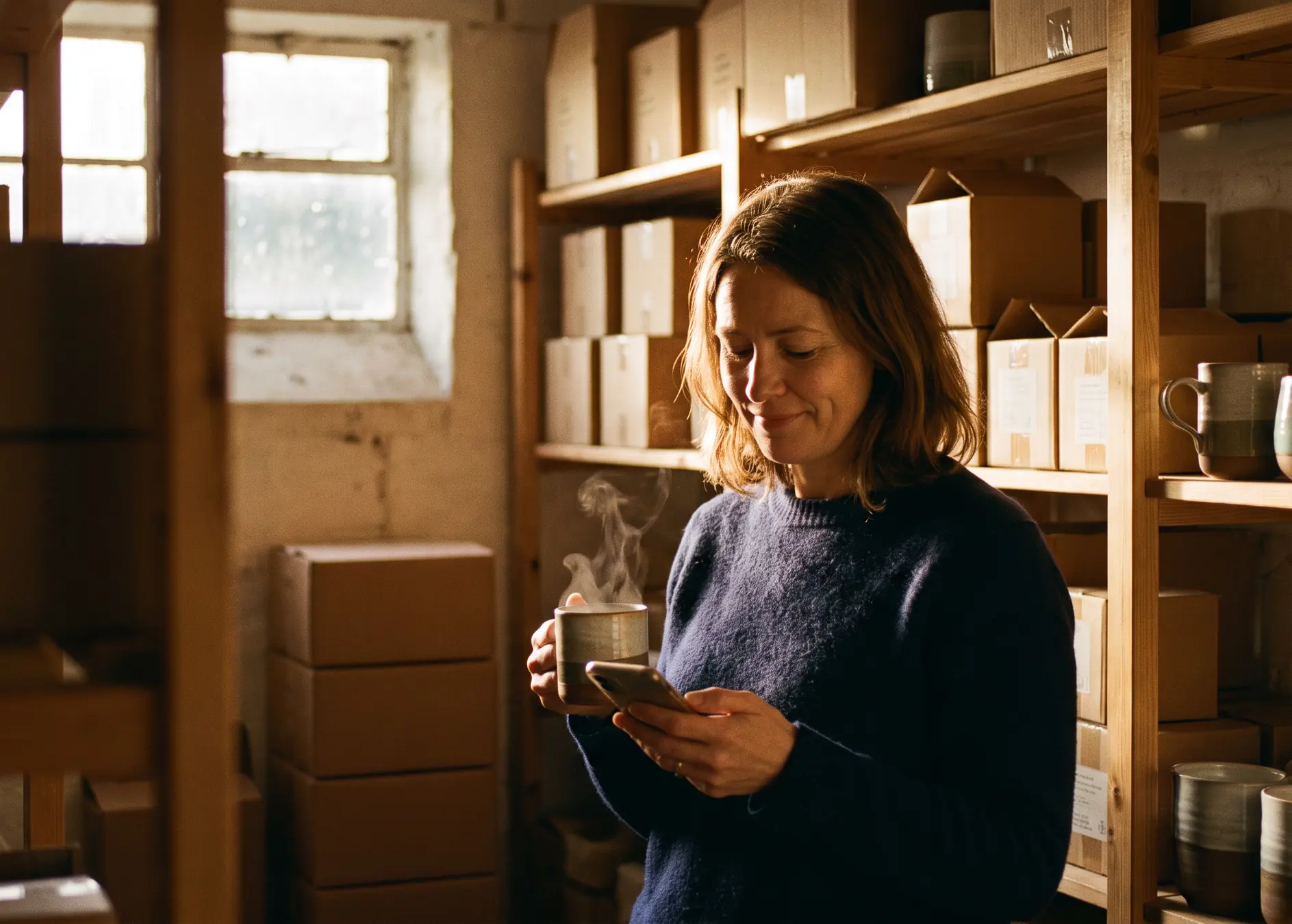 A woman in her stockroom at sunrise, coffee in one hand, reading her phone with a quiet smile.