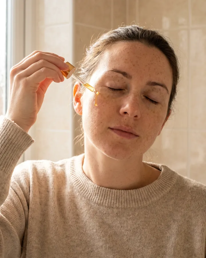 A woman applying a drop of serum to her cheek.