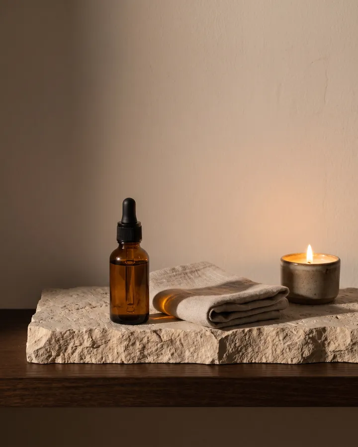 The bottle on a candlelit shelf.